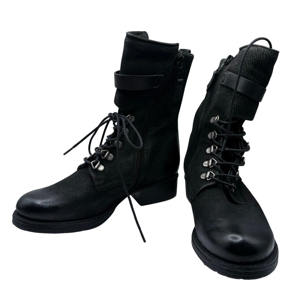 Miz Mooz Black Booties Leather Punk Goth Grunge SZ 36 Textured Lace Up White Fur